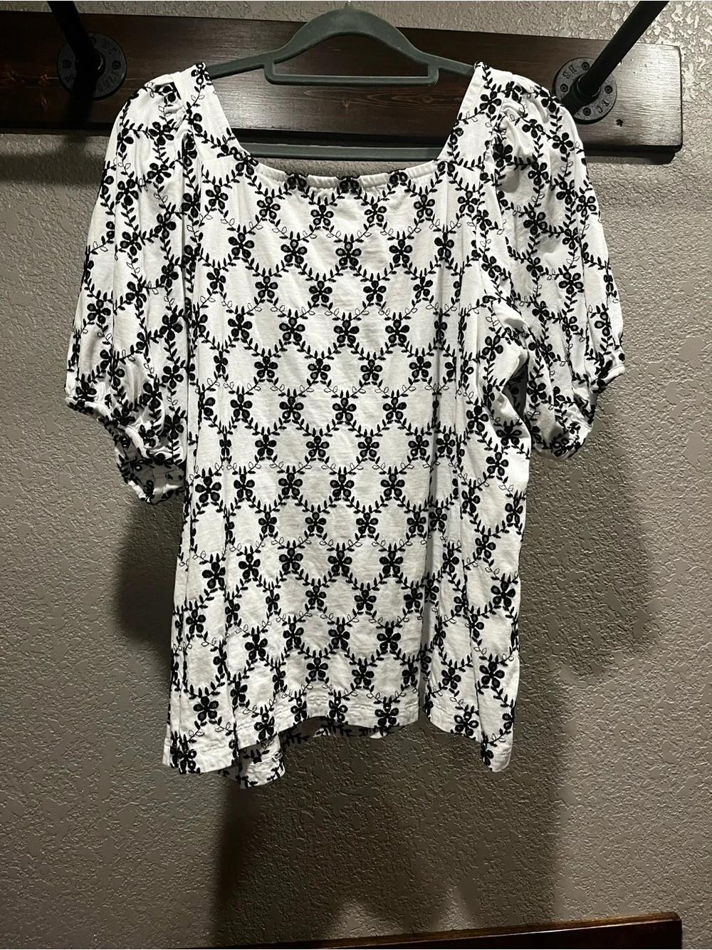 LOFT White Top with Black Floral Lattice Pattern and Puff Sleeves